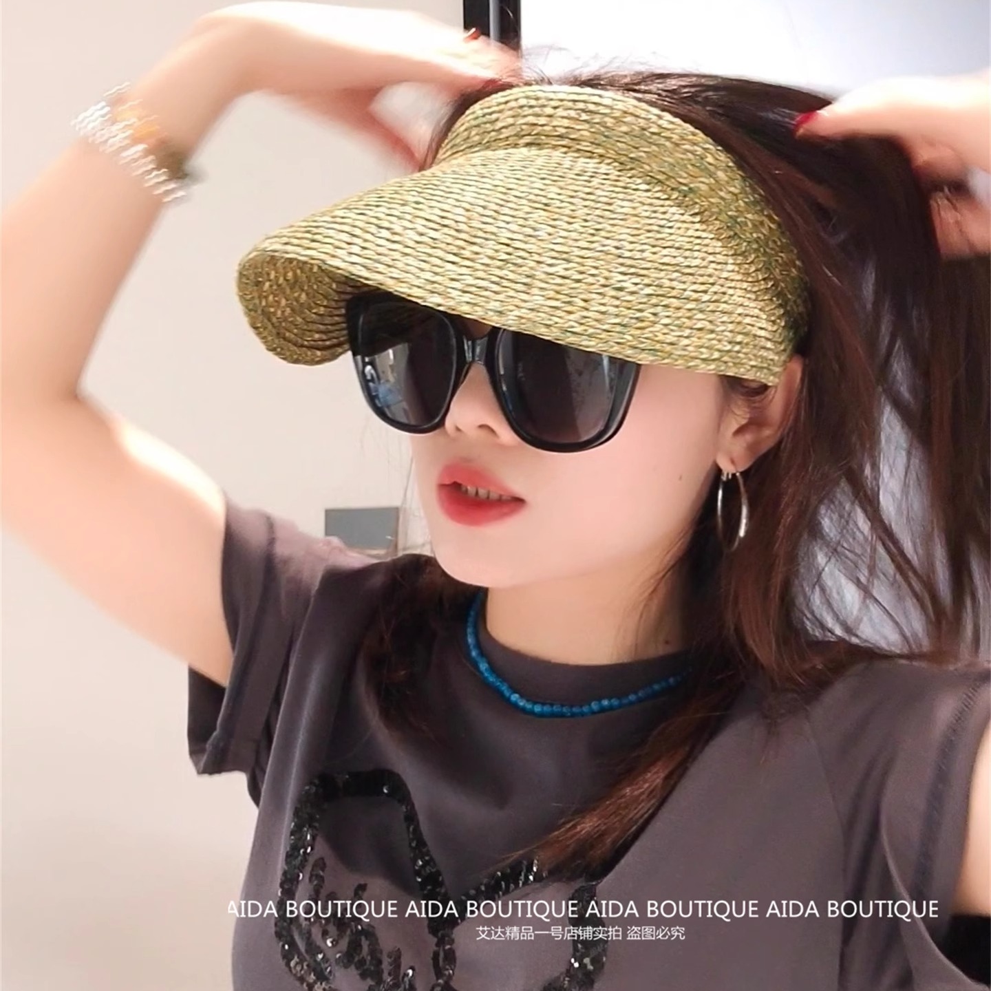 韩版纯色草编空顶帽子女夏时尚百搭遮脸防晒帽遮阳防紫外线沙滩帽