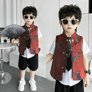 新中式男童马甲套装国风儿童唐装小男孩古风汉服生日主持演出礼服