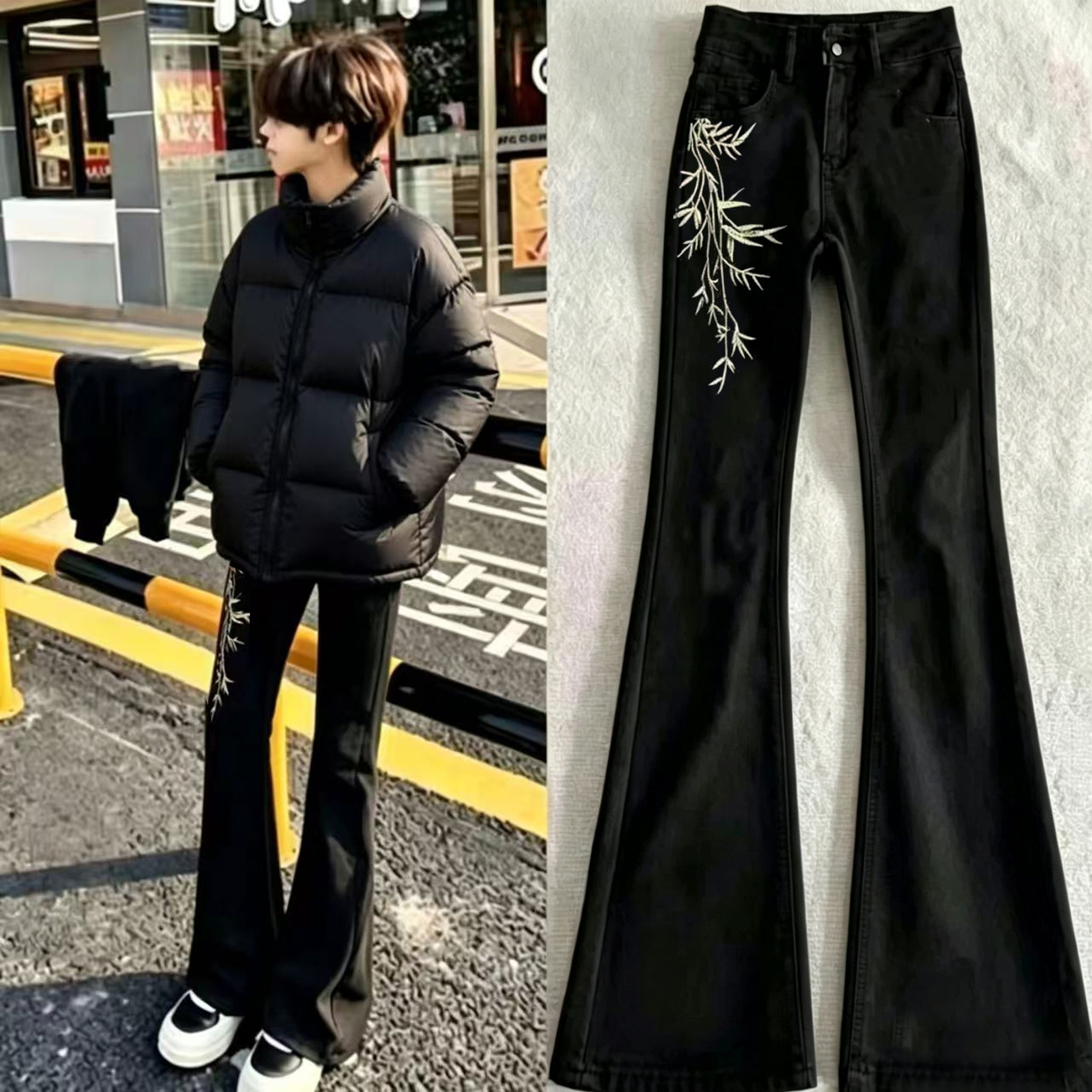 美式高街轻奢潮牌印花牛仔裤男女春秋季韩版青少年直筒微喇裤子