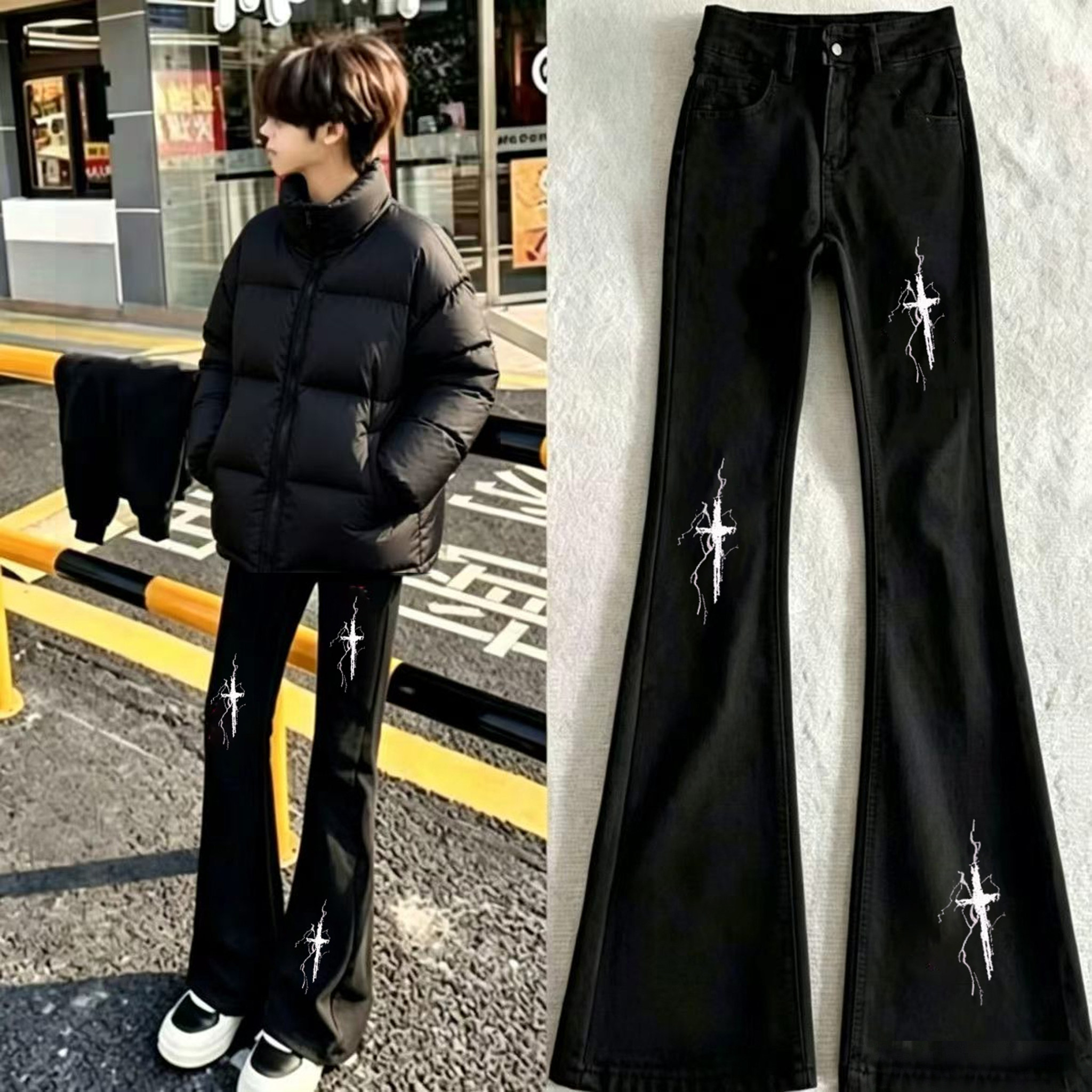 2026新款cleanfit黑色十字架微喇裤男美式hiphop高街印花牛仔裤子
