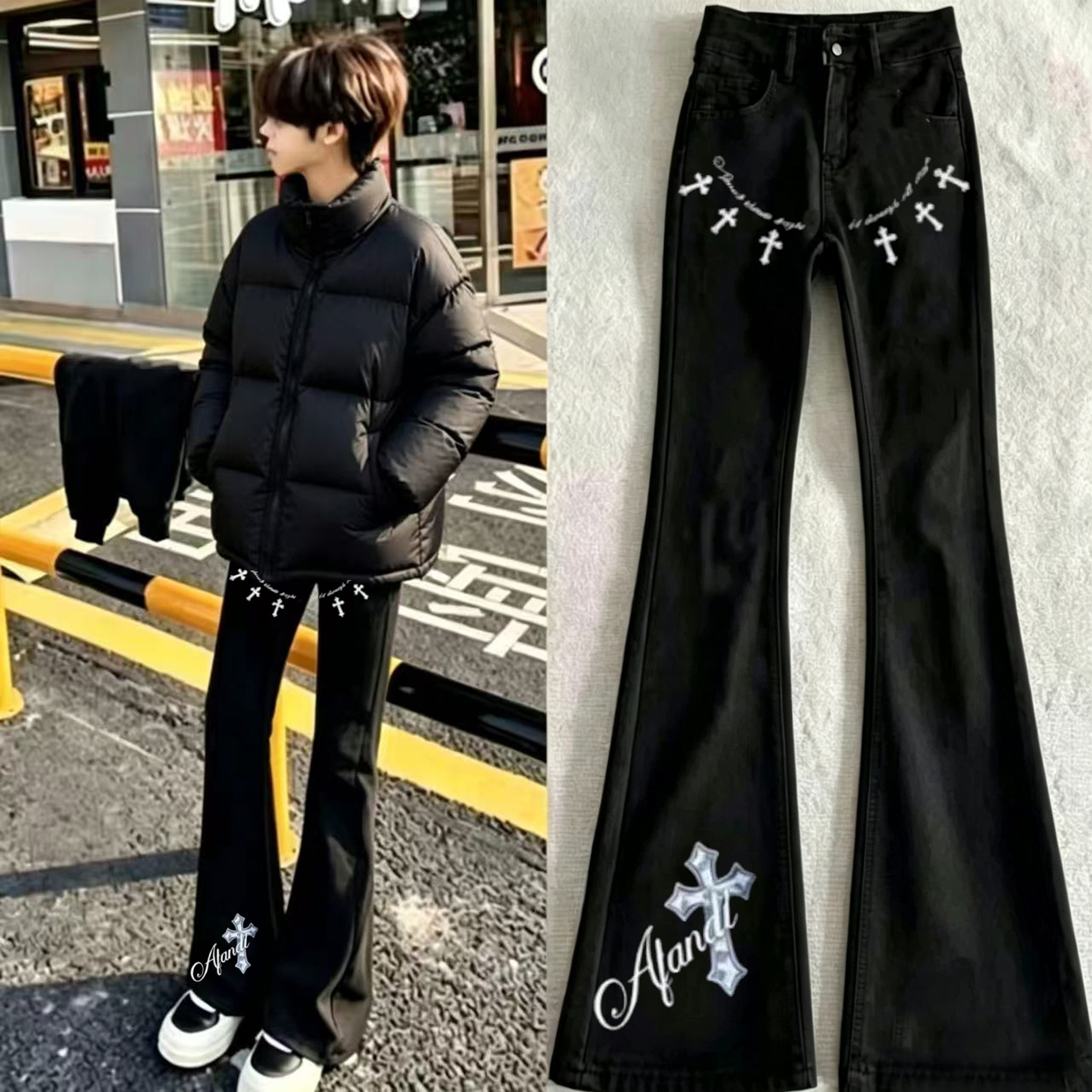 高街美式复古英文十字架黑色牛仔裤男潮牌痞帅嘻哈微喇叭vibe裤子