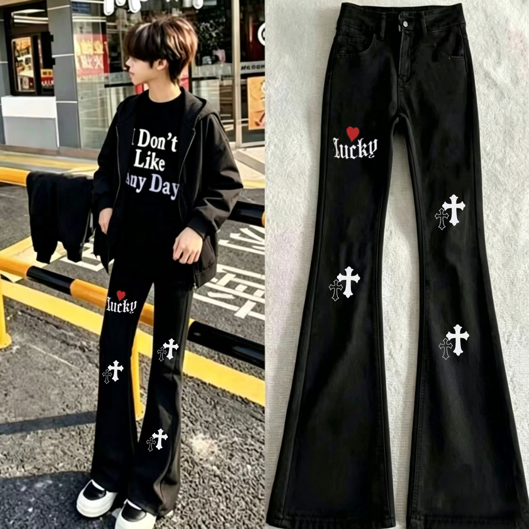 轻奢十字架印花牛仔裤男女春秋新款美式潮流时尚学生百搭微喇裤男