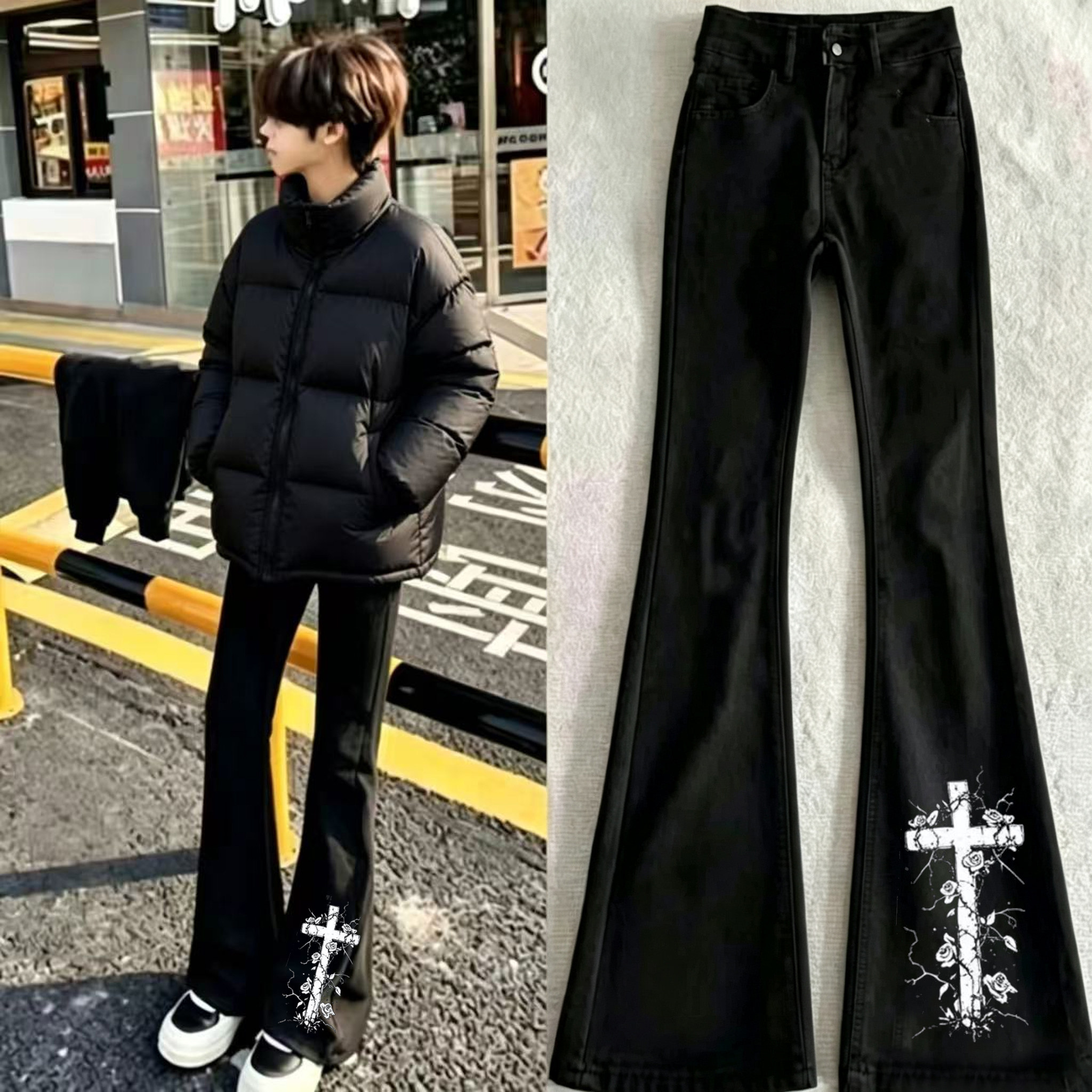 美式轻奢潮牌十字架小玫瑰印花牛仔裤男新款潮流时尚微喇显瘦长裤