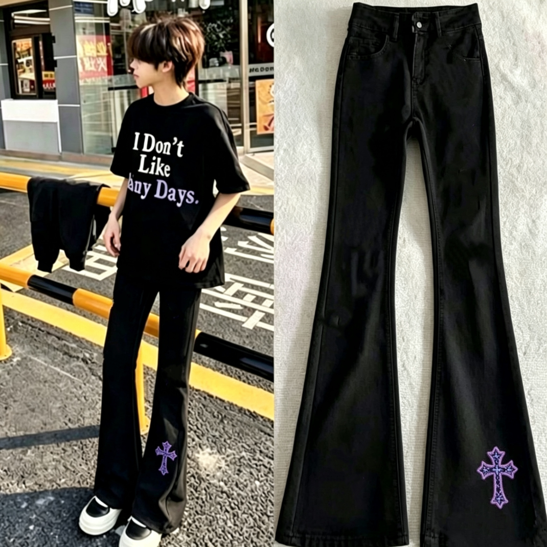 美式复古高街cleanfit紫色十字架印花微喇牛仔裤韩版潮流直筒裤男