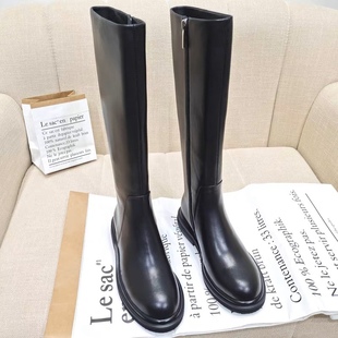 头层牛皮长靴女不过膝2025冬新款 真皮平底长筒马丁靴高筒圆头靴子