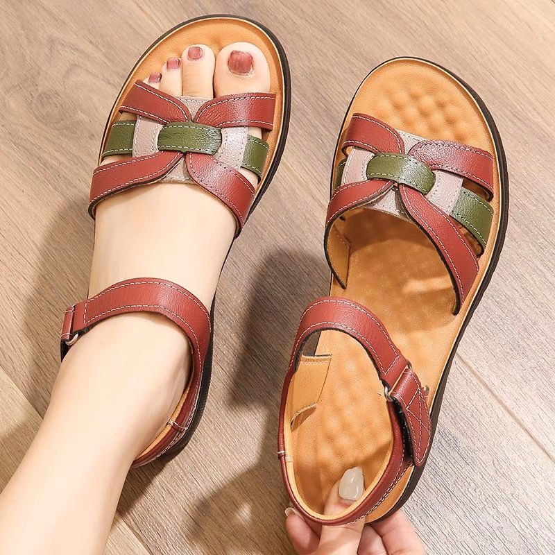 红婧延真皮凉鞋女夏平底防滑休闲