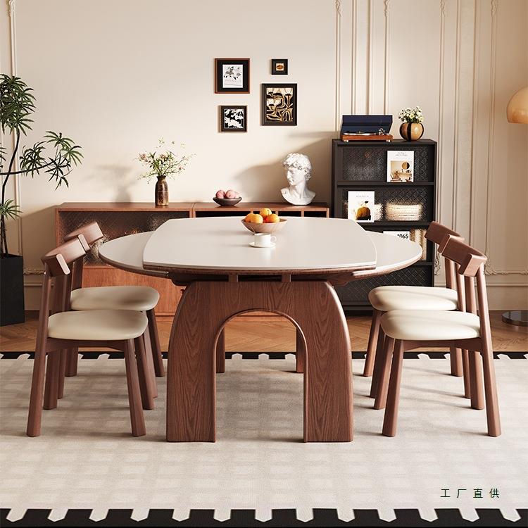 中古风实木岩板餐桌家用小户型可变圆桌复古凯旋门伸缩饭桌
