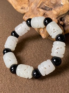 100%天然真玉和田玉手串男女款白玉桶珠镂空天然玉石手链青海料珠