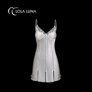 LOLA LUNA【玉瓶凝香】白色蚕桑丝睡裙V领蕾丝吊带睡裙优雅美背