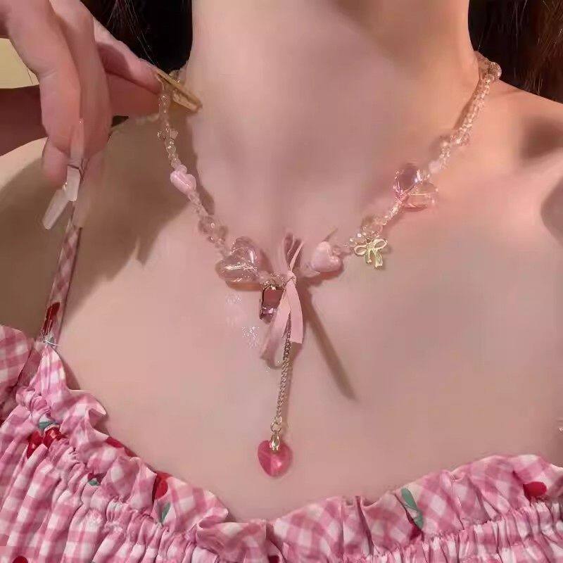 甜美粉色爱心串珠项链女丝带蝴蝶结流苏锁骨链高级感颈链