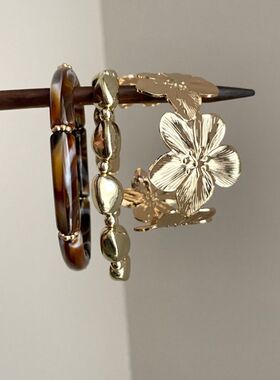 Vintage复古金属花朵手镯手链弹力叠戴手环中古个性精致百搭手饰