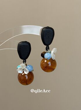 树脂拼接不规则木头耳钉女港风复古个性潮流时尚精致百搭耳环耳饰