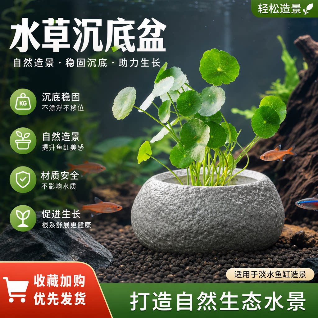 水草沉底盆仿石头铜钱草水培花陶瓷客厅家用水养绿植盆缸桌面中式图片