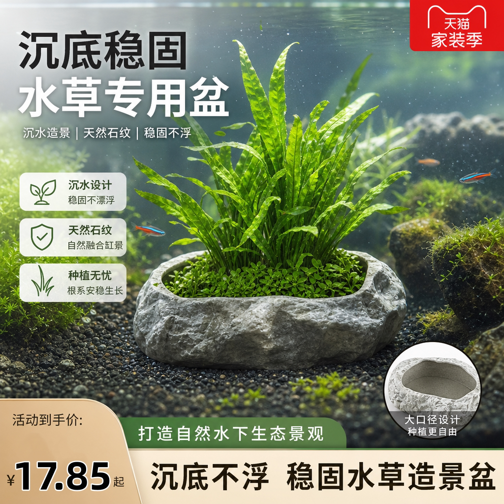 水草沉底盆仿石头铜钱草水培花陶瓷客厅家用水养绿植盆缸桌面中式图片