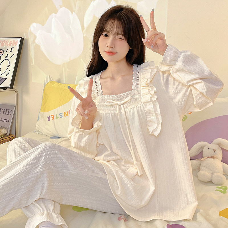 公主风纯棉家居服套装2025新款睡衣蕾丝花边春秋款可外穿长袖女孩