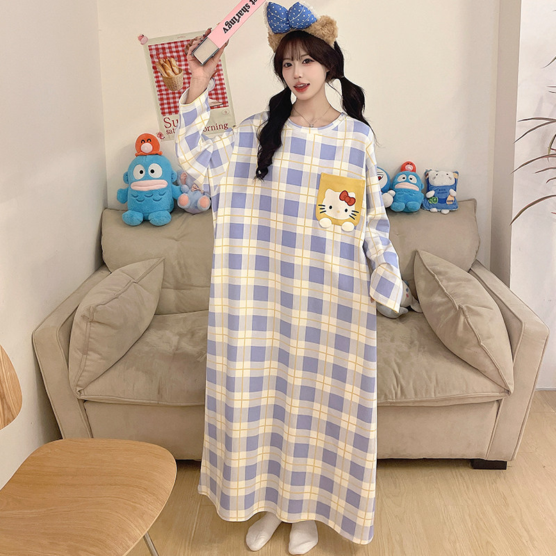 日系格子KT猫少女睡裙女童纯棉卡通长袖2026秋季家居服大童睡衣薄