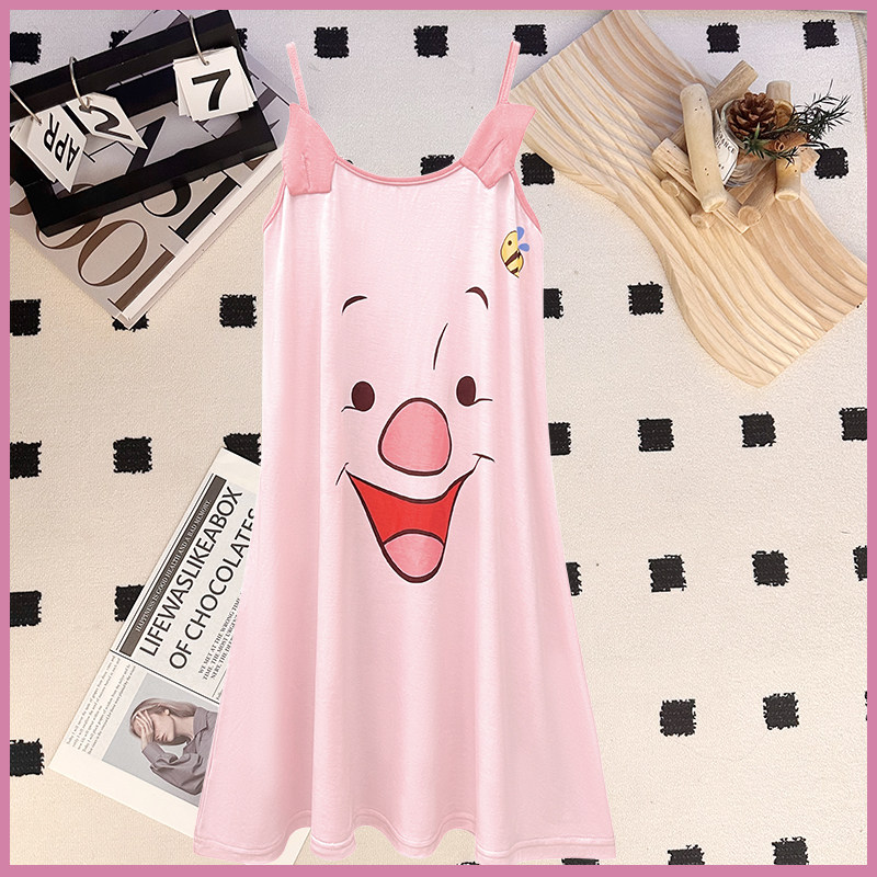 夏季可爱小猪莫代尔棉可爱女童睡裙吊带卡通中大童亲子装家居服薄