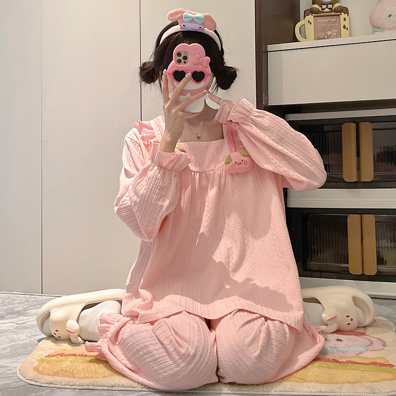 2025新款睡衣女春秋长袖带胸垫纯棉可外穿少女套装公主风可爱学生