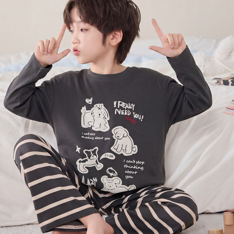 韩版小狗100%纯棉男童睡衣春秋可外穿长袖男孩青少年家居服套装