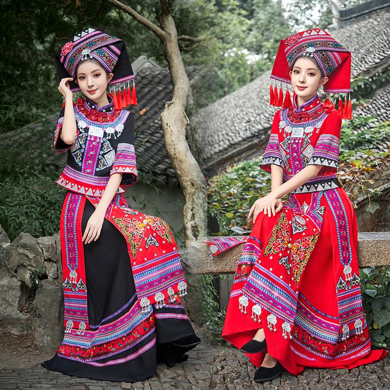 广西壮族苗族女款刺绣成人长摆裙三月三民族旅拍写真表演服舞蹈服