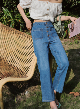 Bela studio2020春夏复古显瘦洗水高腰牛仔长裤女Sunnie博主同款