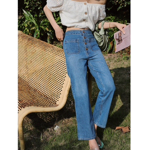 女Sunnie博主同款 Bela studio2020春夏复古显瘦洗水高腰牛仔长裤