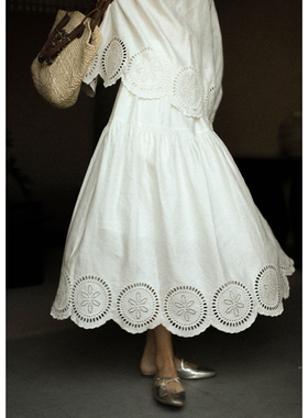 otherbela清冷氛围感度假风花朵重工刺绣高腰显瘦亚麻半身裙套装