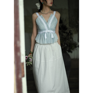 otherbela小众海岛度假风清冷感褶皱拼色v领蝴蝶结苎麻背心上衣女