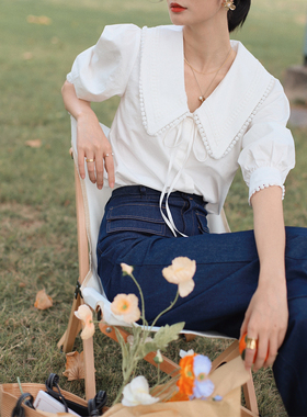 Bela studio法式复古娃娃领系带泡泡袖纯棉显瘦衬衣女博主同款