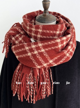 2025新款红色格子围巾女生冬季高级感韩版仿羊绒加厚保暖披肩两用