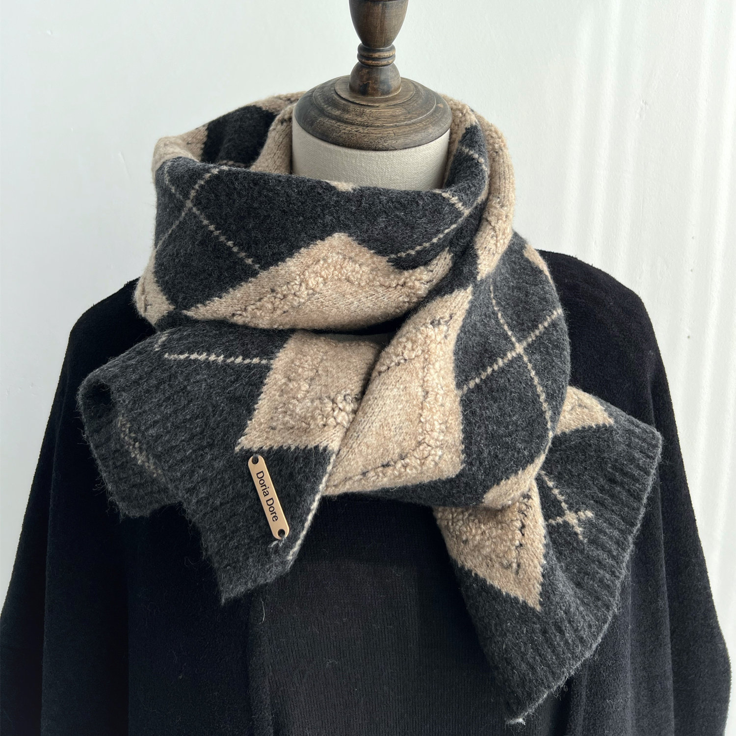 日系深灰色针织毛线棕色系高级感冬季围巾女菱形格子学生男厚围脖,服饰配件/皮带/帽子/围巾,围巾/丝巾/披肩,淘宝优惠券,粉丝福利购,淘宝优惠卷