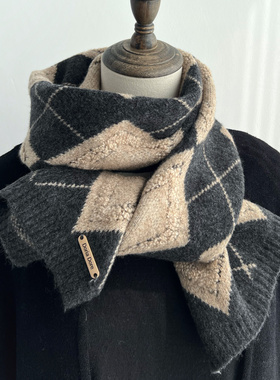 日系深灰色针织毛线棕色系高级感冬季围巾女菱形格子学生男厚围脖