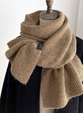 韩系纯色毛线针织卡其色围巾女冬季情侣款加厚保暖围脖送男友礼物