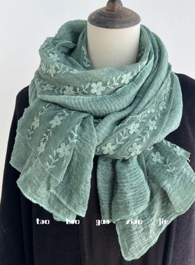 蕾丝拼接褶皱纯色棉麻围巾女秋冬季百搭大披肩春秋薄款纱巾丝巾