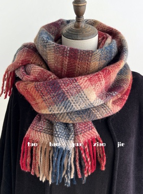 韩系氛围感复古红色格子围巾女冬季加厚保暖格纹围脖披肩两用长款