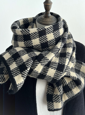复古拼色黑白格子棋盘格围巾女冬季加厚保暖双面双色针织毛线围脖