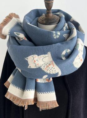 韩版新款秋冬季女百搭可爱小猫咪仿羊绒围巾披肩两用双面保暖围脖