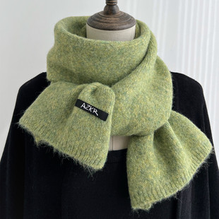 含羊毛韩版混色绿色小围巾女冬季保暖高级感短款针织毛线围脖时尚