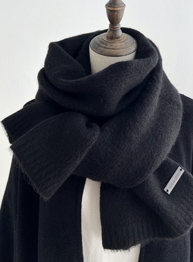 韩版时尚新款羊毛混纺纯色黑色围巾女冬季高级感加厚保暖围脖男生