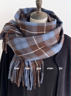 韩版蓝色格子仿羊绒围巾女秋冬季日系格纹加厚披肩学院风保暖围脖