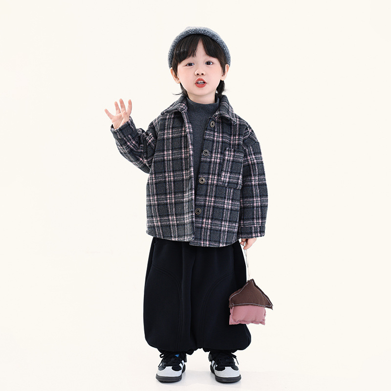 童装男童加绒衬衫冬季2025新款儿童加厚格子衬衣男宝毛呢外套上衣