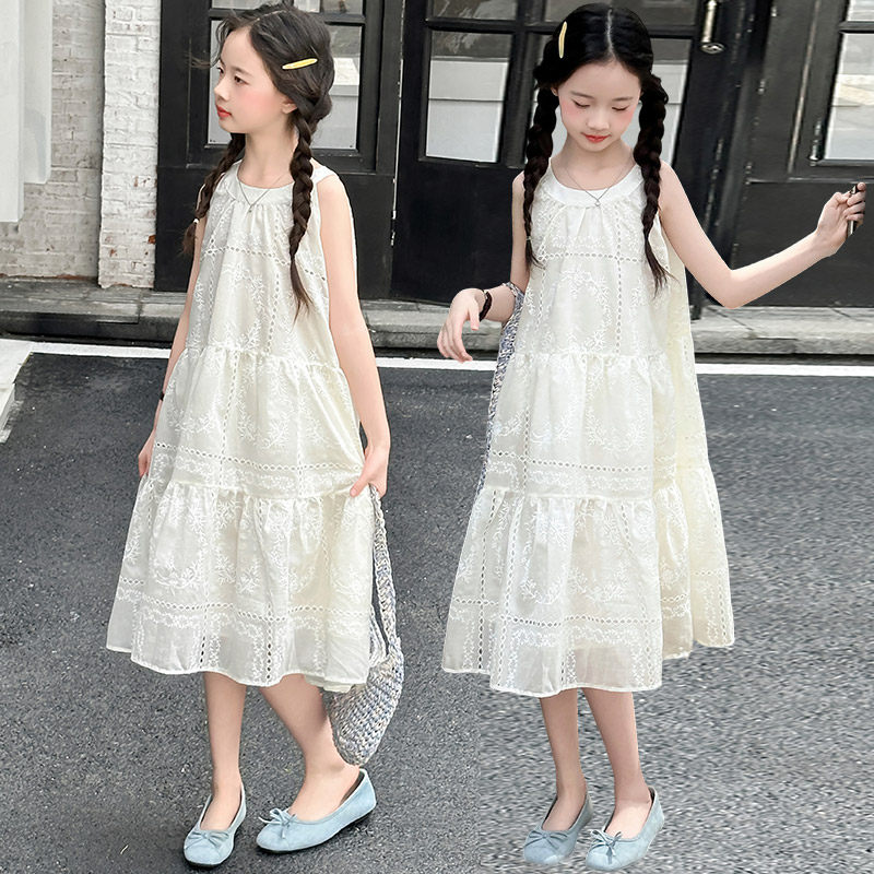 女童2026夏季无袖连衣裙白色蕾丝连衣裙蛋糕裙公主裙洋气中长裙