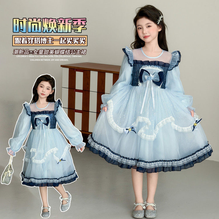 女童洛丽塔公主裙春秋新款蕾丝蝴蝶结连衣裙植物花卉洋气生日礼服