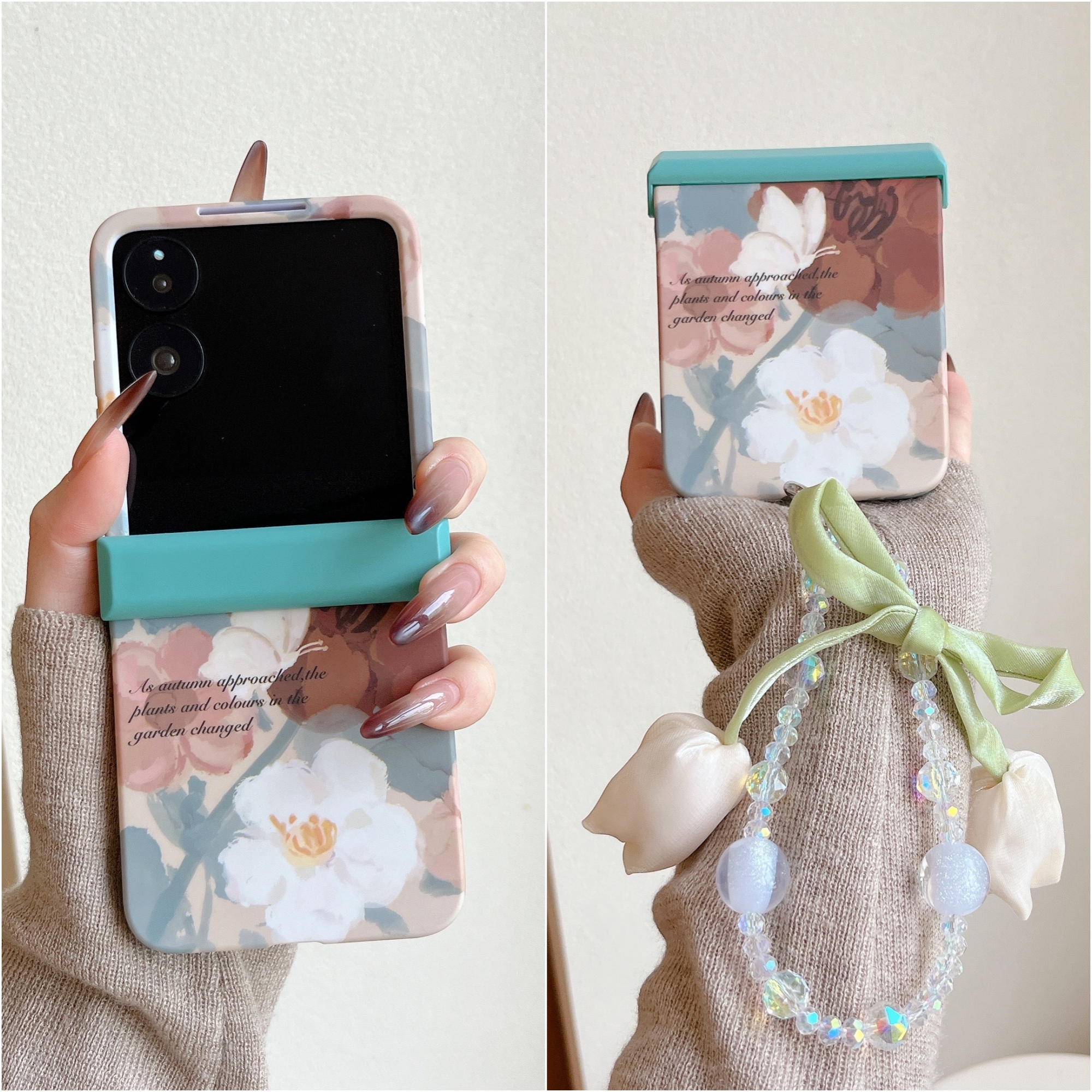 适用华为PuraX折叠屏手机壳小米MixFlip2壳膜一体荣耀MagicVFlip2全包中轴novaflipS手链水彩花pocket2斜跨绳