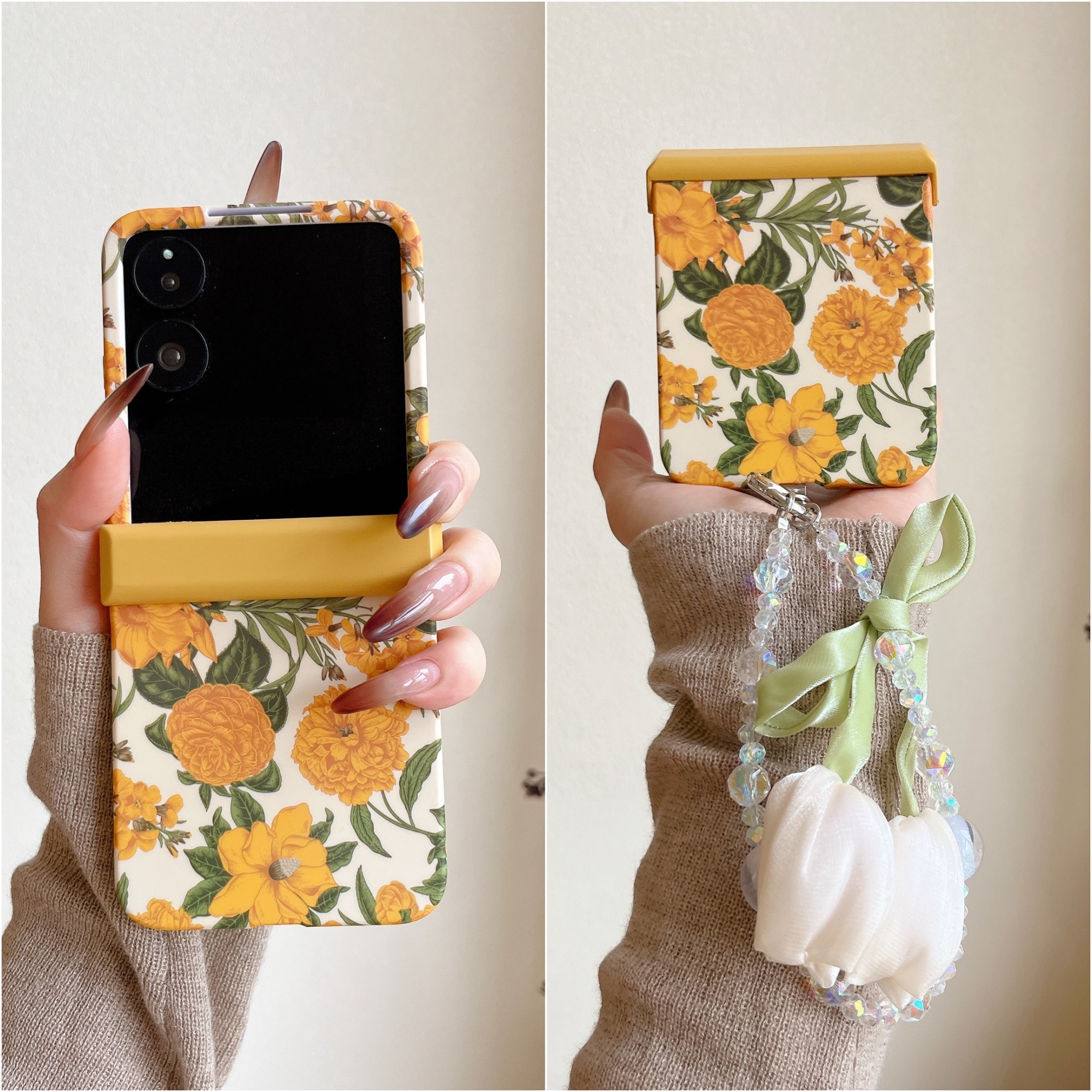 适用华为PuraX折叠屏手机壳小米MixFlip2壳膜一体荣耀MagicVFlip2全包中轴novaflipS手链黄花朵pocket2斜跨绳