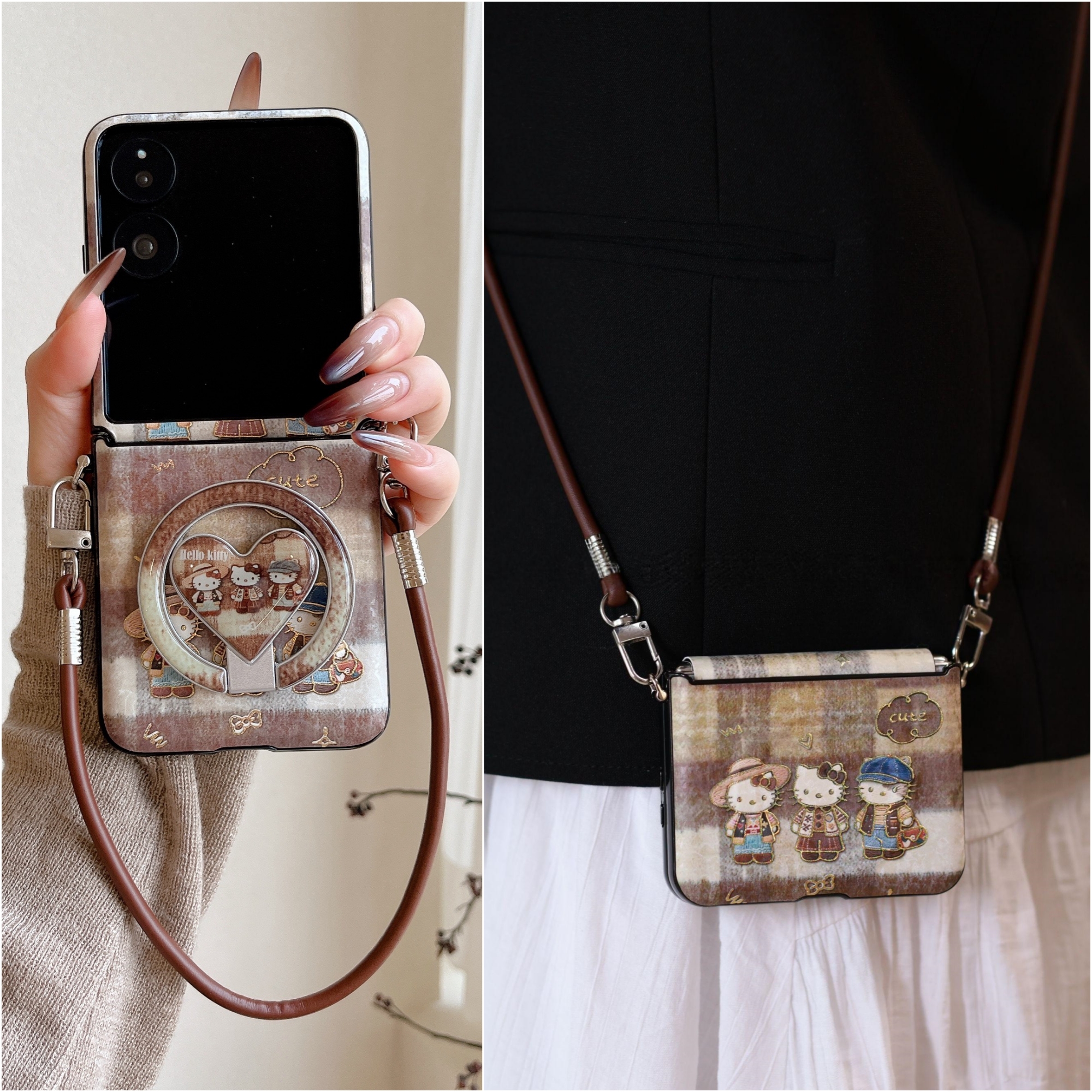 适用华为PuraX折叠屏手机壳小米MixFlip2壳膜一体荣耀MagicVFlip2磁吸支架三星zflip7三只猫6手提斜跨绳FE女