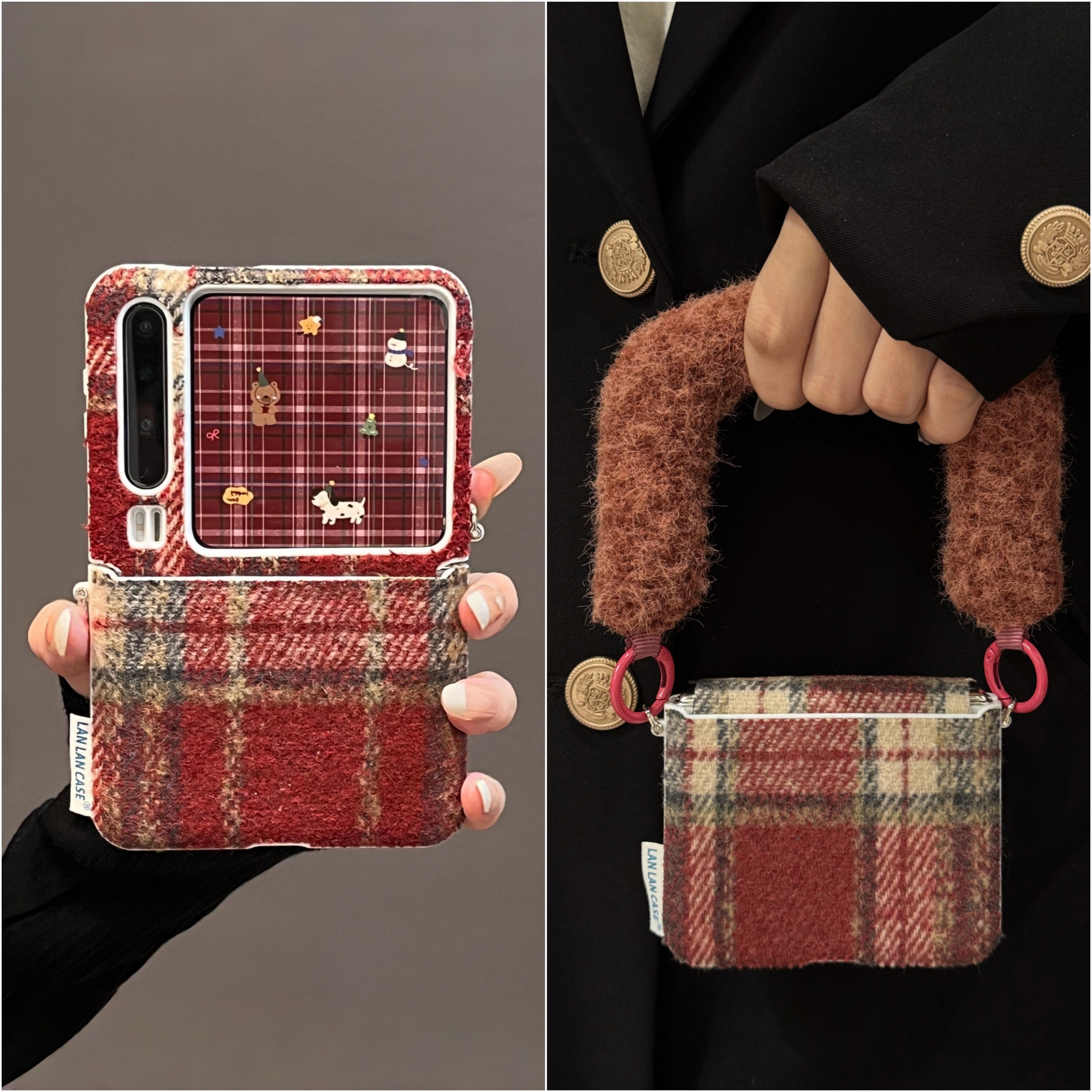 适用华为PuraX折叠屏手机壳荣耀MagicVFlip2壳膜一体小米MixFlip2秋冬复古毛呢格纹三星zflip7FE手提5挂绳6