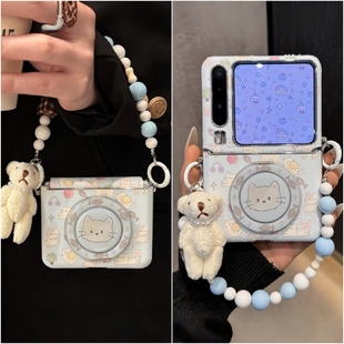 适用华为PuraX折叠屏手机壳小米MixFlip2小猫旋转支架荣耀MagicVFlip2摩托罗拉50三星zflip7FE斜跨绳60Ultra