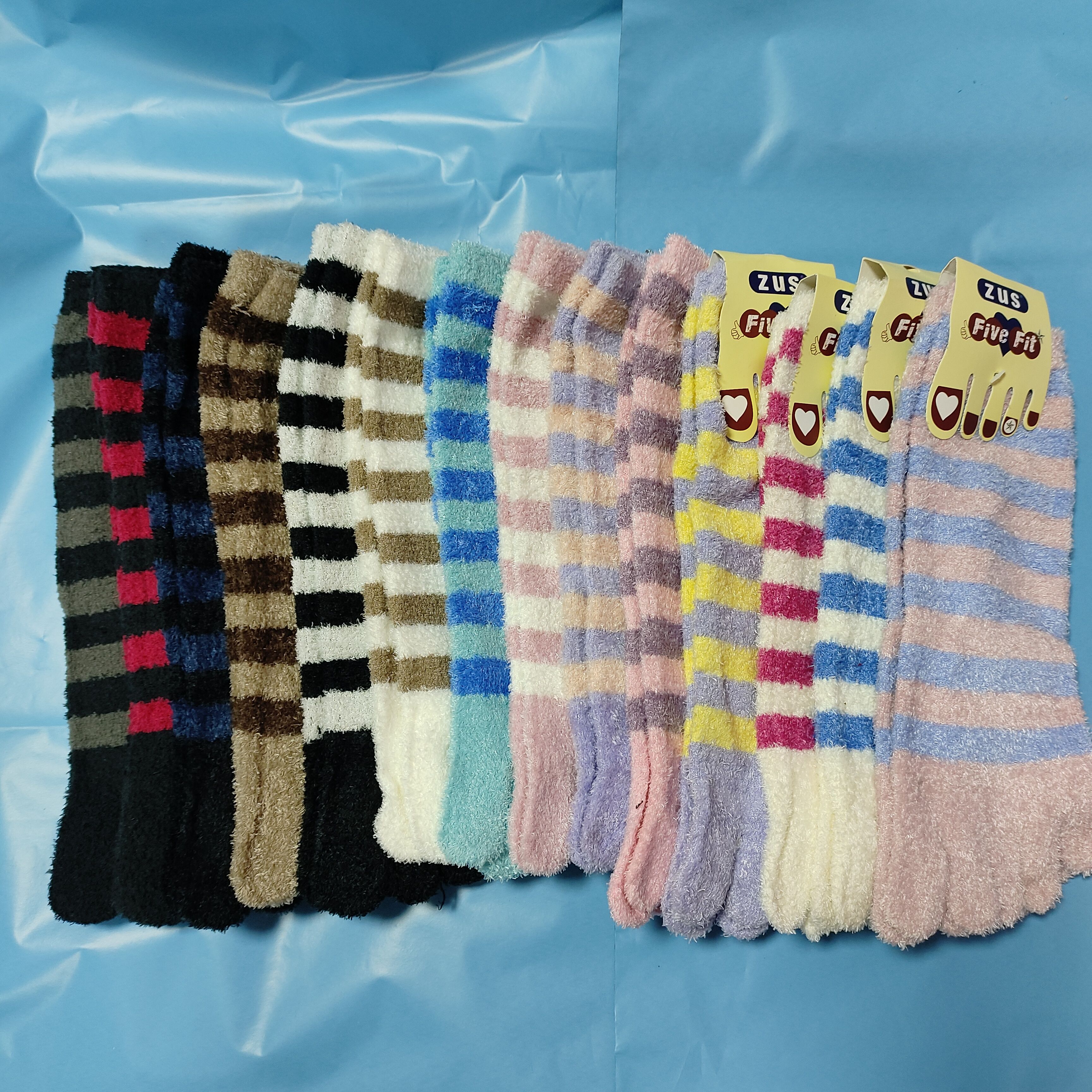 10双珊瑚绒五指袜女中筒冬季加厚加绒分趾袜条纹无缝保暖脚趾袜