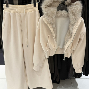 配可拆仿毛领 套装 5956 阔腿宽松卫衣裤 连帽加绒卫衣外套